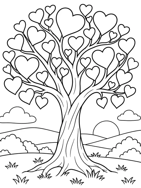 Tree with heart-shaped leaves coloring page