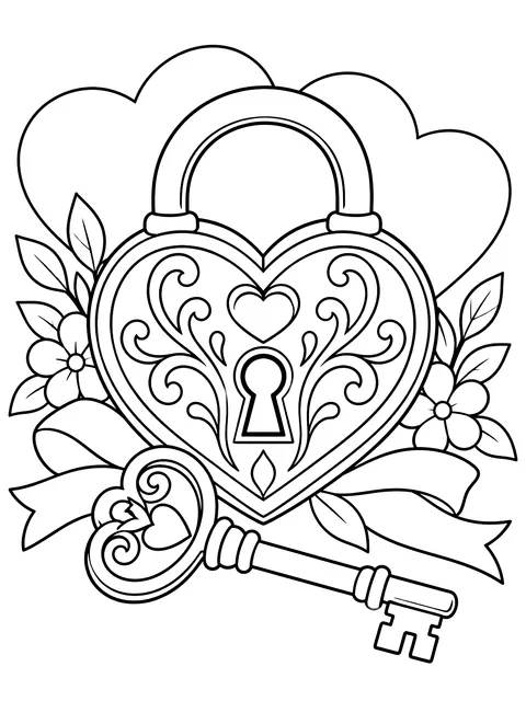 Heart-shaped lock and key coloring page