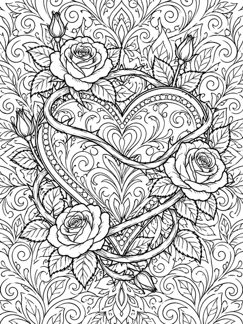 Detailed Heart wrapped in a rose vine coloring page