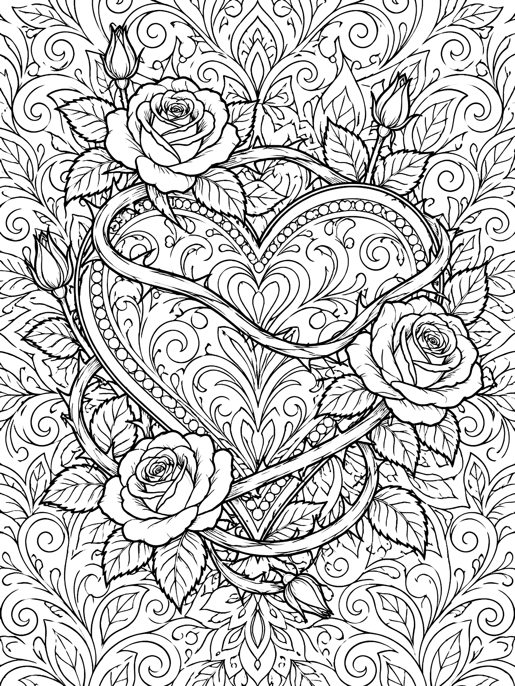 Detailed Heart wrapped in a rose vine coloring page