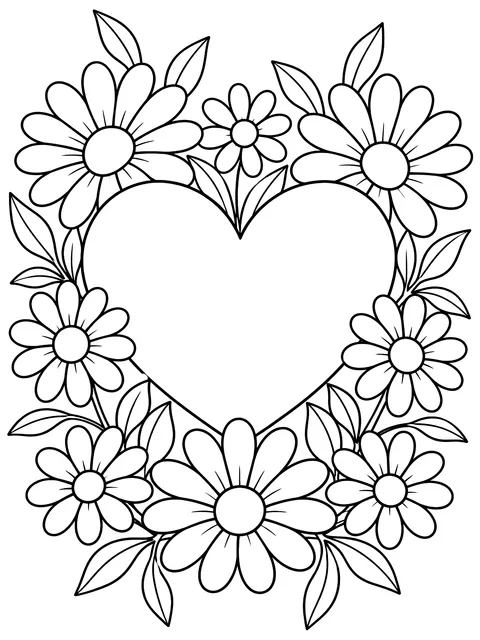 Heart surrounded by daisies coloring page