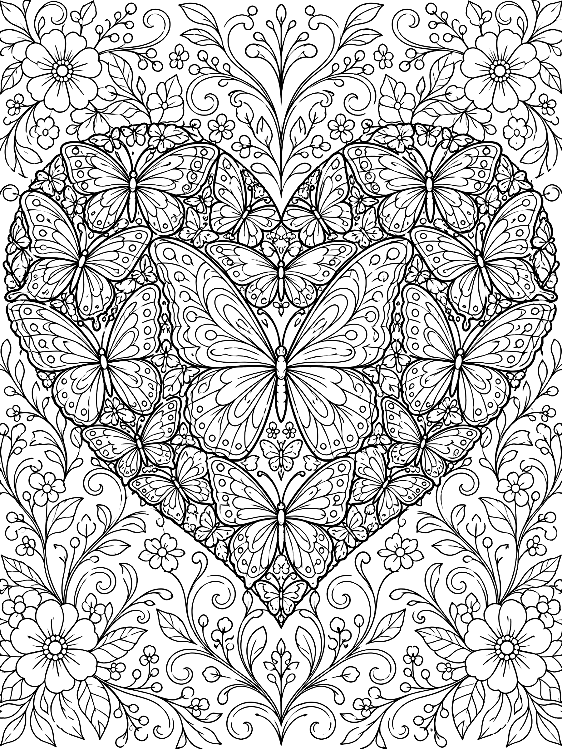 Detailed Heart made of butterflies coloring page