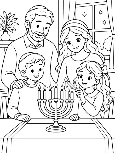 Family lighting the menorah coloring page