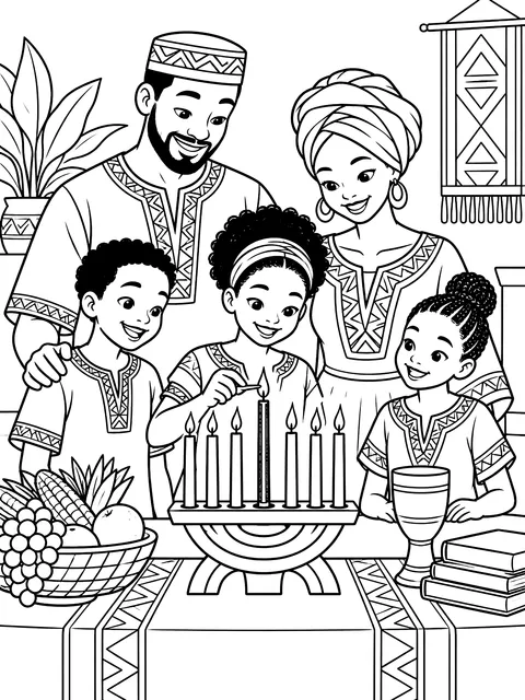 Family gathered for Kwanzaa coloring page