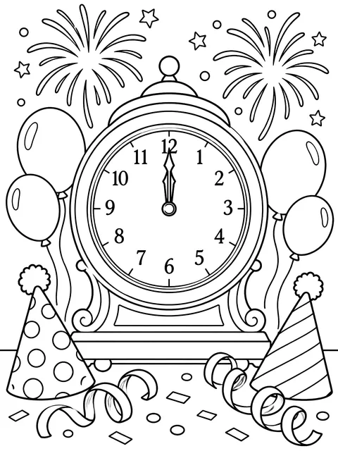 Clock striking midnight with party hats coloring page