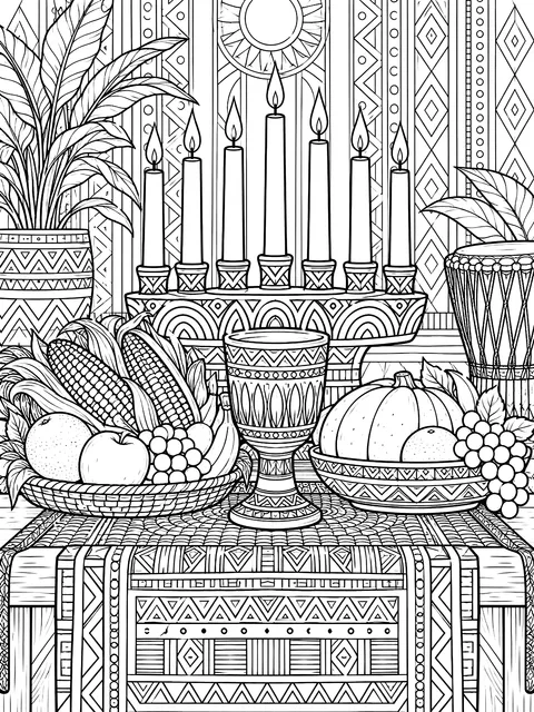 Detailed Kwanzaa table with corn, fruit and a unity cup coloring page
