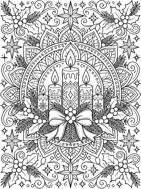 Detailed Holiday mandala with stars and candles coloring page