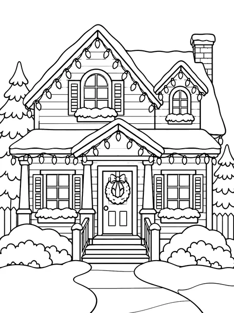House strung with holiday lights coloring page