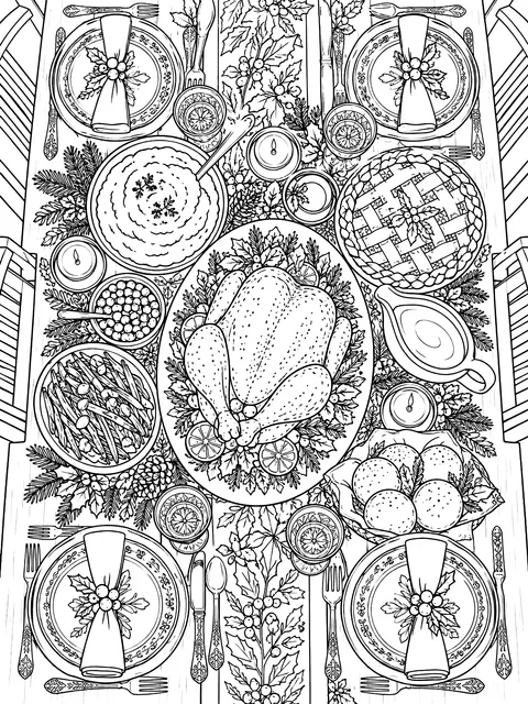 Detailed Holiday dinner table seen from above coloring page