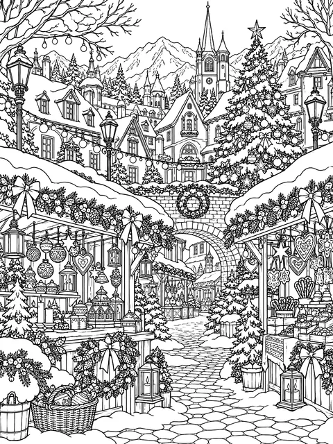 Detailed Winter village market coloring page