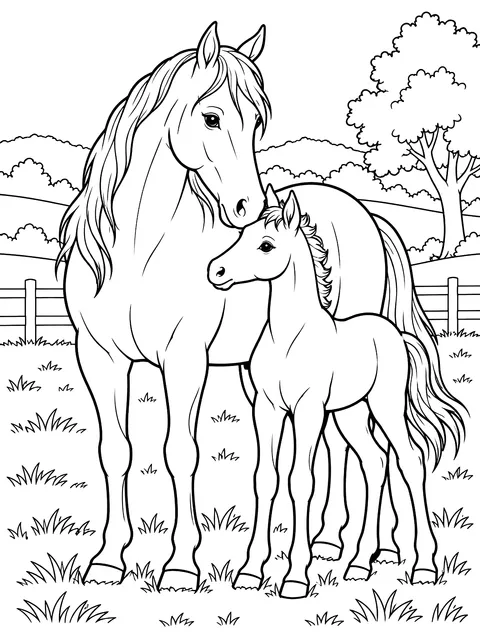 Mare and foal in a pasture coloring page