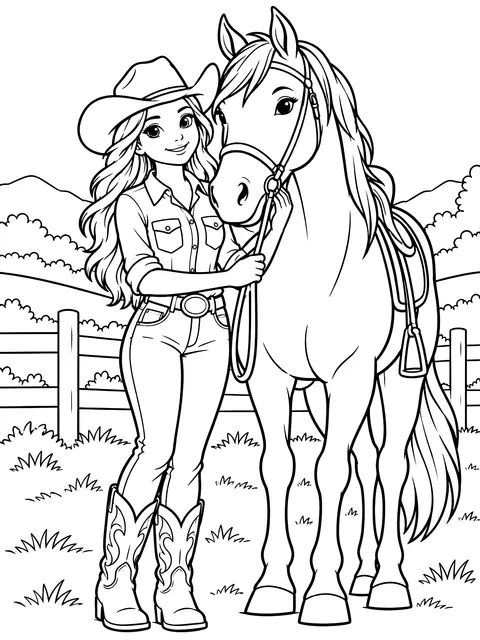 Rider in a cowboy hat with her horse coloring page