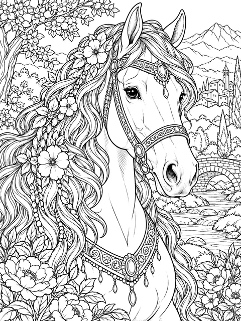 Detailed Realistic horse portrait coloring page