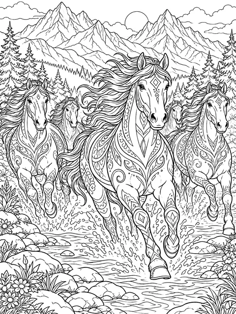 Detailed Herd of wild horses running coloring page