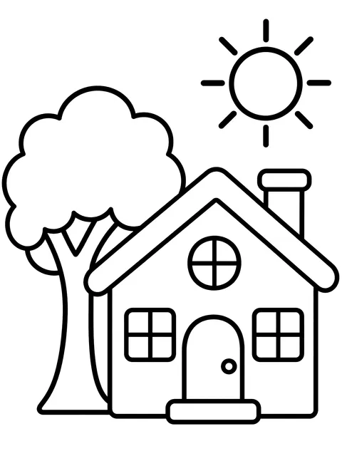 Easy House with a tree and a sun coloring page