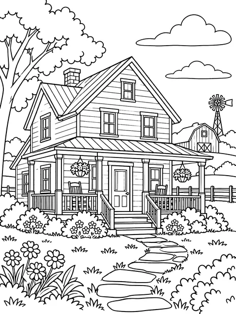 Farmhouse with a porch coloring page