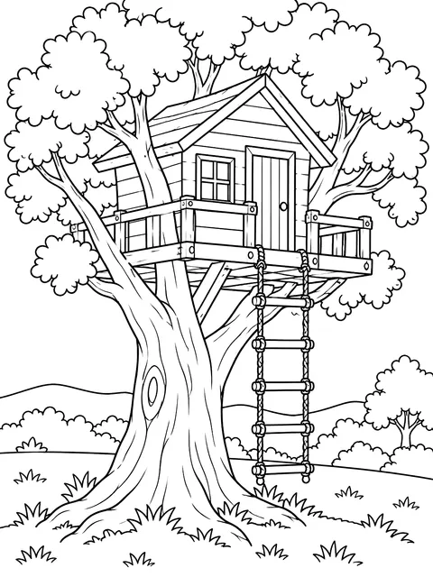 Treehouse with a rope ladder coloring page