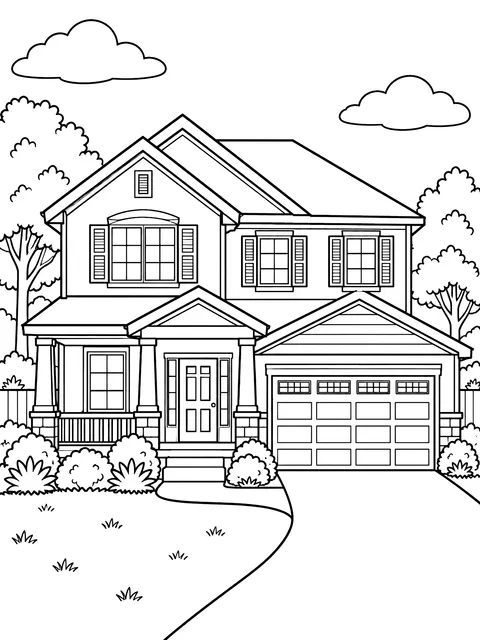 Two-story house with a garage coloring page
