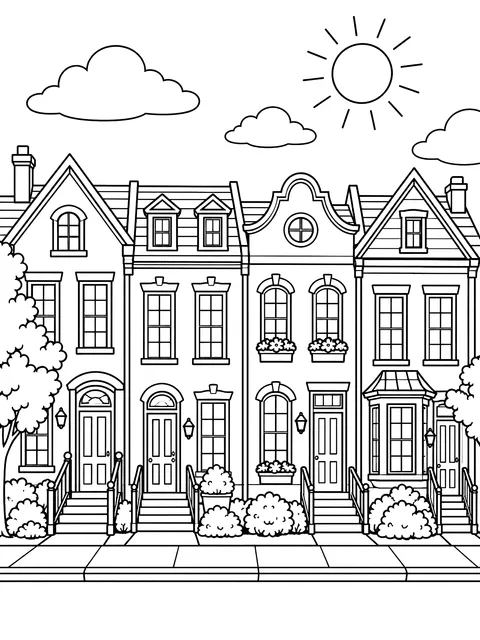 Row of townhouses coloring page
