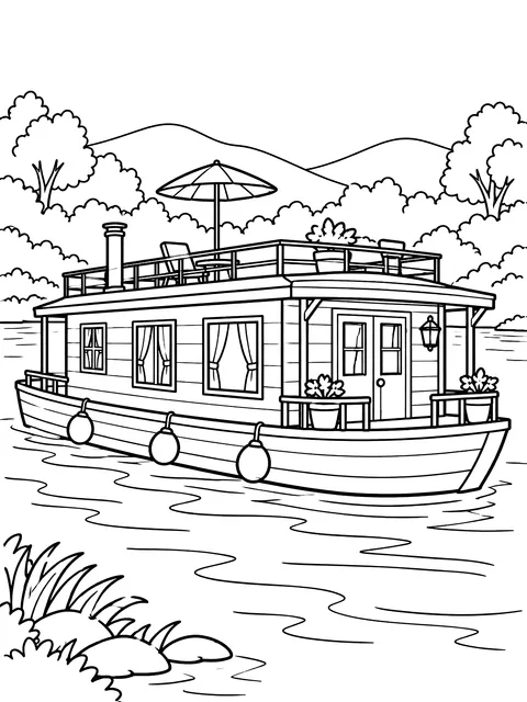 Houseboat on a river coloring page
