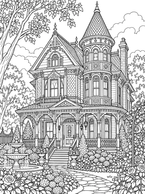 Detailed Victorian house with a tower coloring page