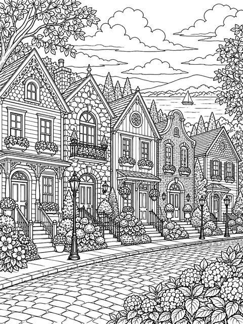 Detailed Neighborhood street with five houses coloring page