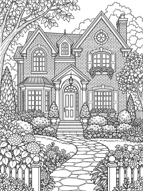 Detailed Detailed brick house with a front yard coloring page