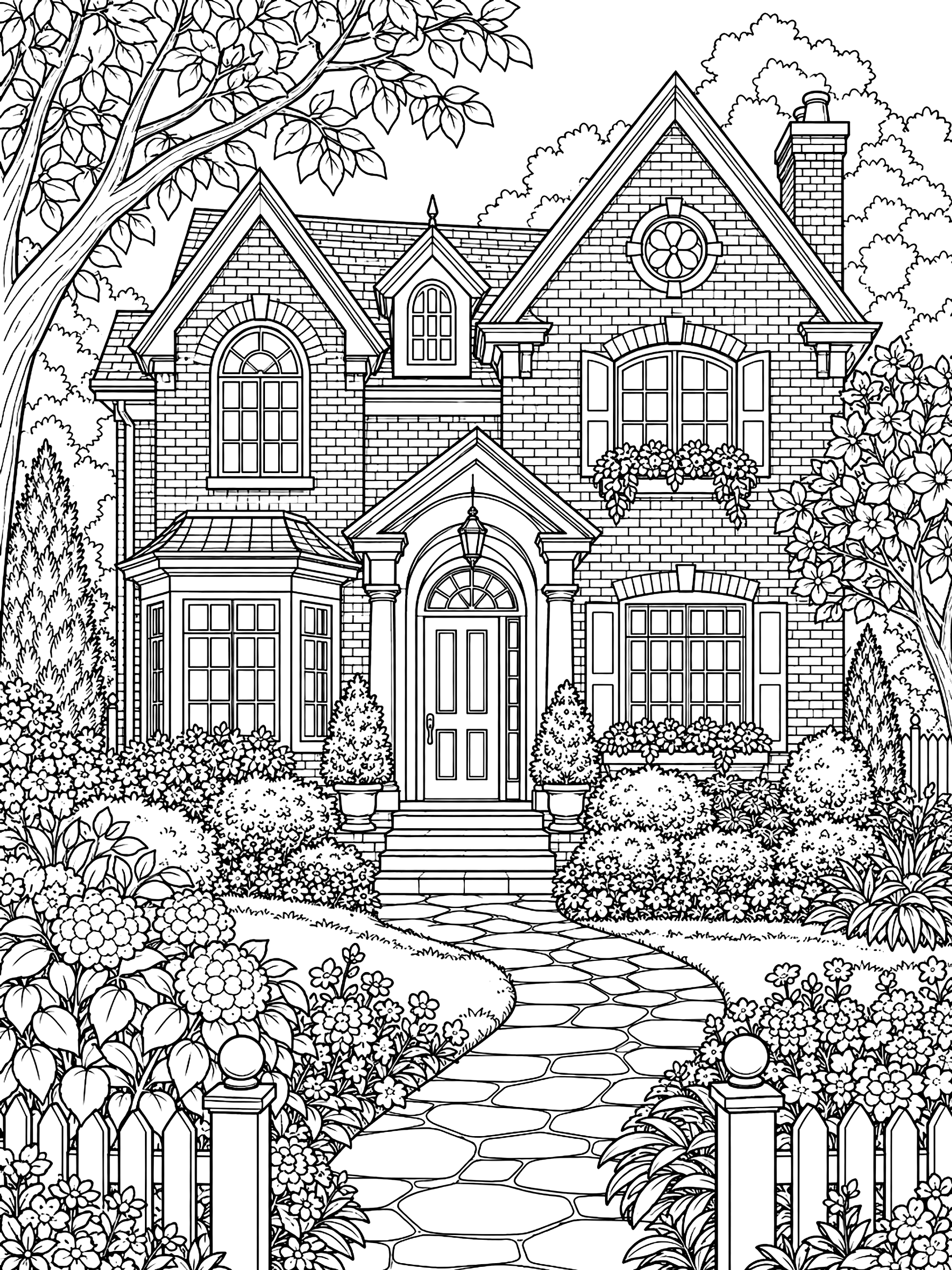 Detailed Detailed brick house with a front yard coloring page
