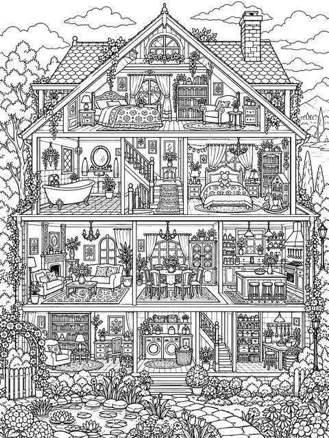 Detailed Cutaway house showing every room coloring page