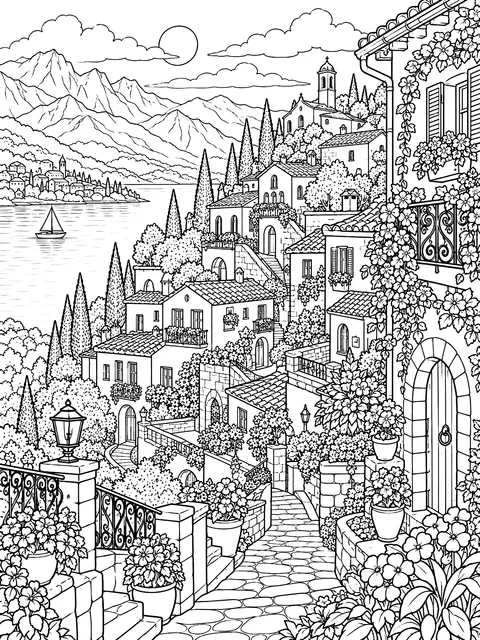 Detailed Hillside village of little houses coloring page