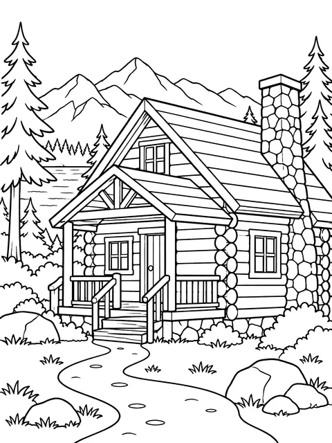 Log cabin with a stone chimney coloring page