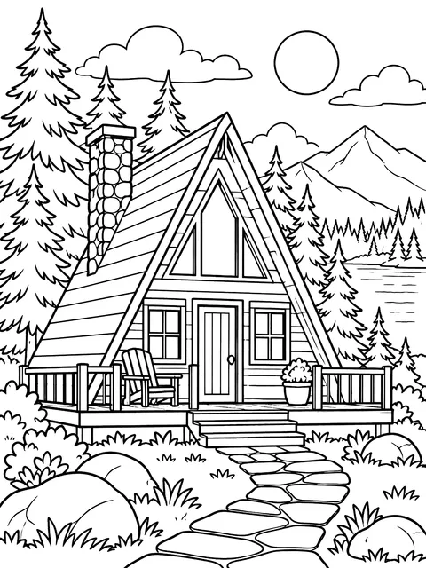A-frame cabin in the pines coloring page