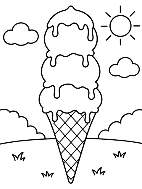 Triple scoop cone with drips coloring page