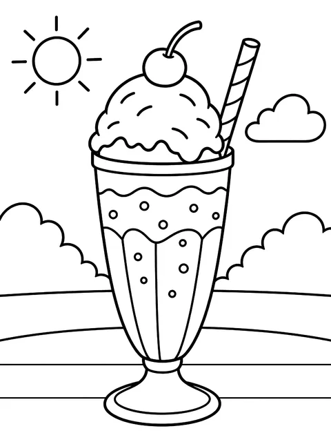 Ice cream float with a straw coloring page