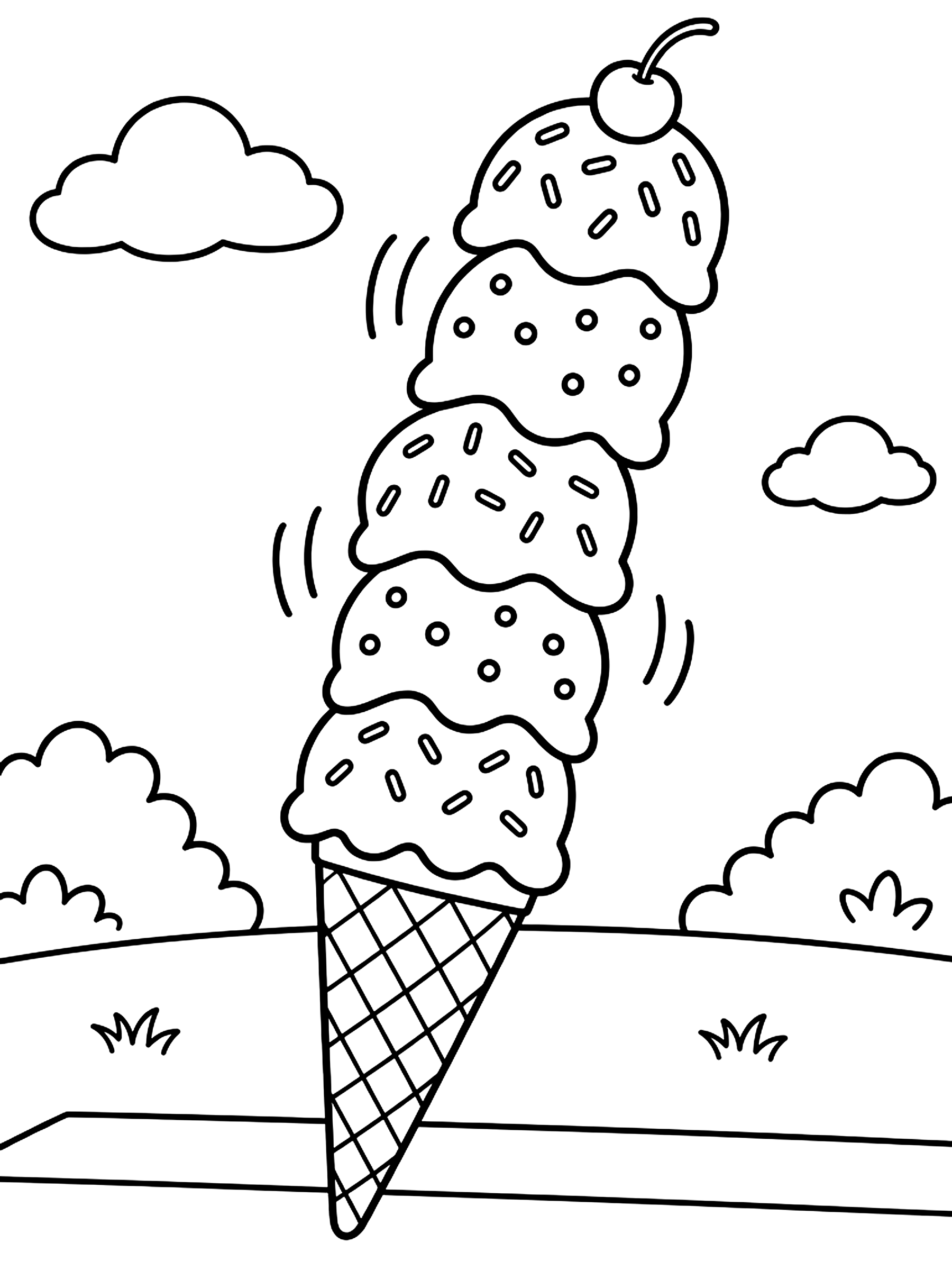 Five-scoop tower about to tip coloring page