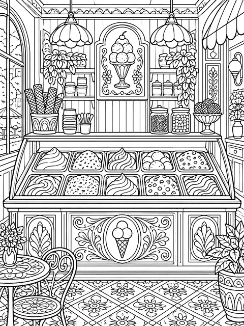 Detailed Ice cream parlor counter with tubs coloring page
