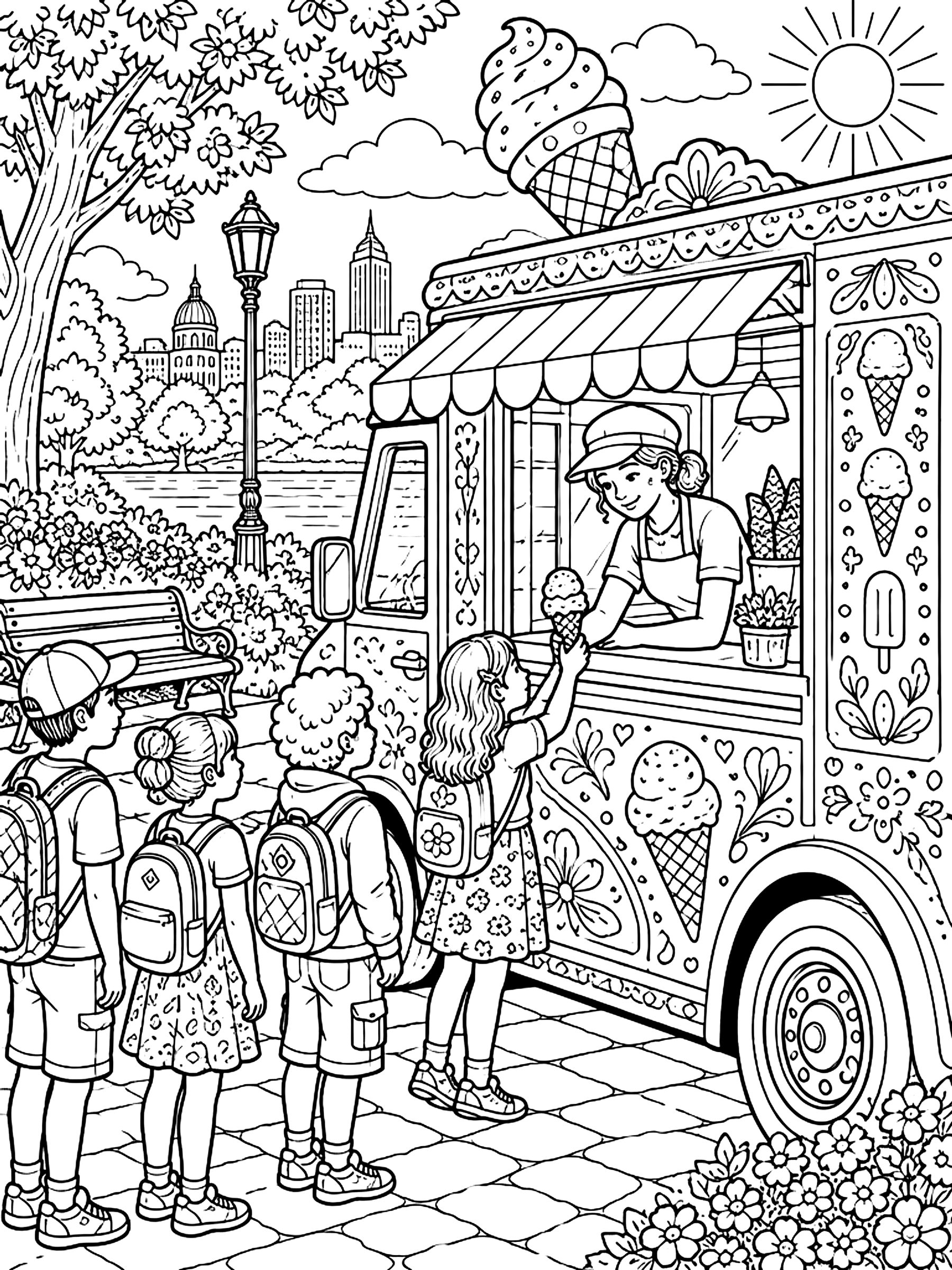Detailed Kids lined up at an ice cream truck coloring page