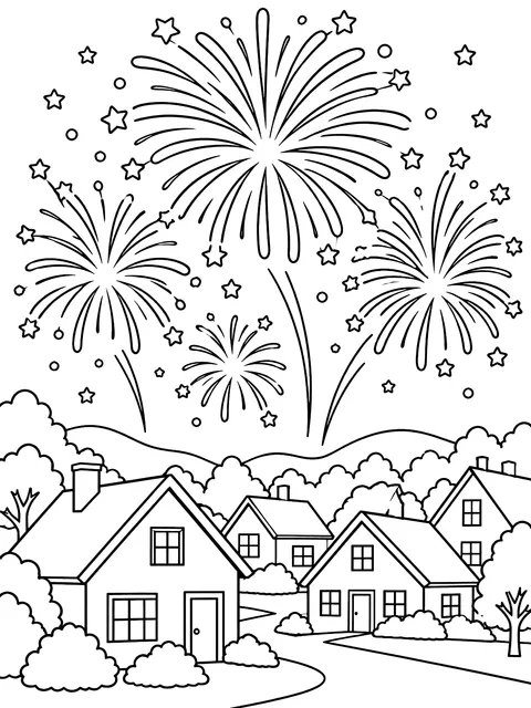 New Year's fireworks over houses coloring page
