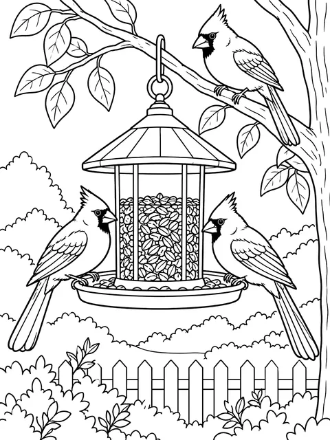 Cardinals at a bird feeder coloring page