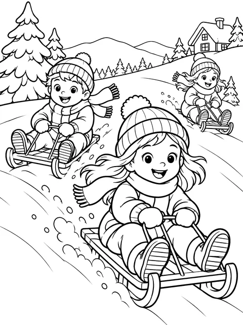 Kids sledding down a hill coloring page