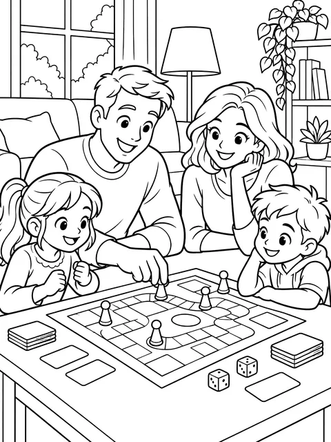 Family board game night coloring page
