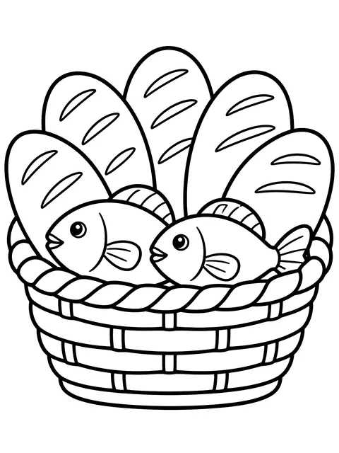 Easy Basket with five loaves and two fish coloring page