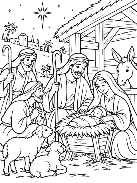 Nativity with shepherds coloring page