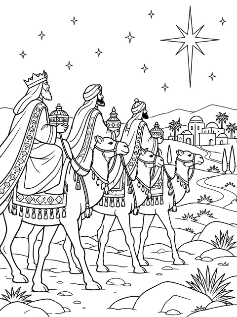 Wise men following the star coloring page