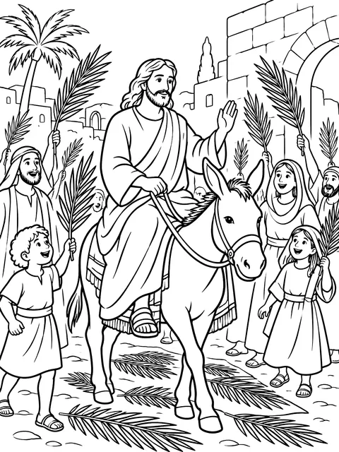 Palm Sunday on a donkey coloring page