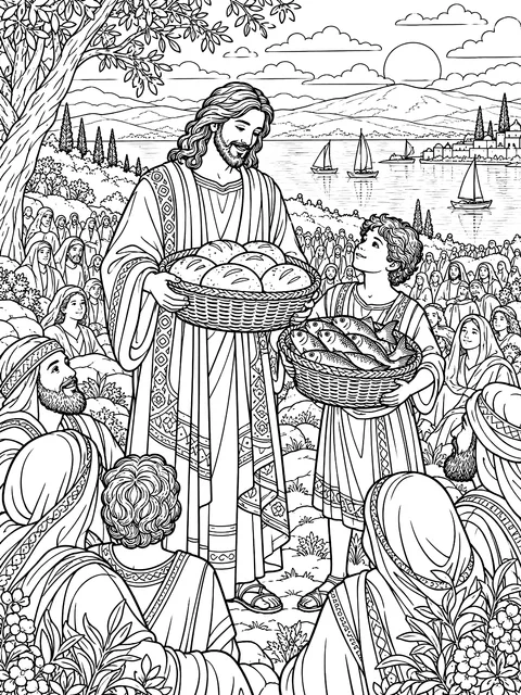 Detailed Feeding the five thousand coloring page
