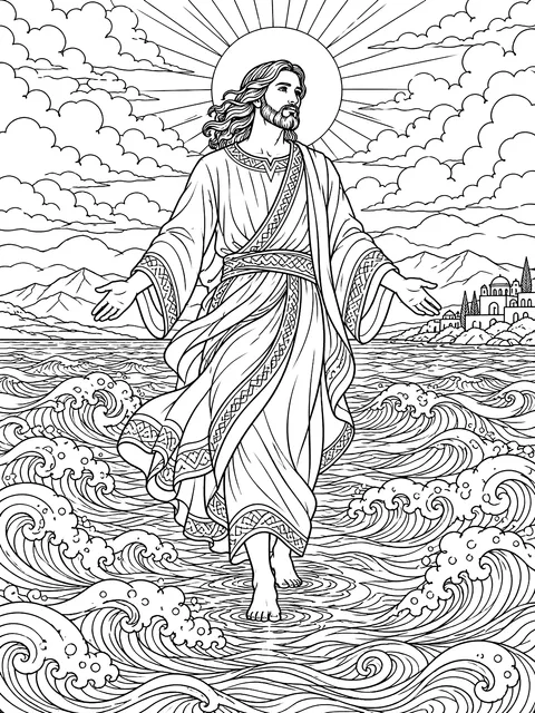 Detailed Walking on water coloring page