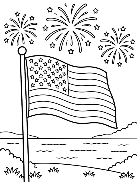 Flag with fireworks for July 4 coloring page