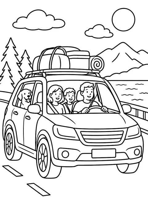 Packed car on a road trip coloring page
