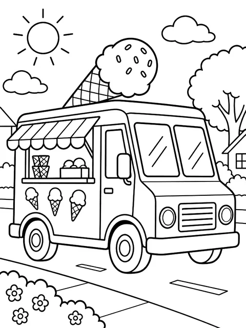 Ice cream truck on a summer street coloring page